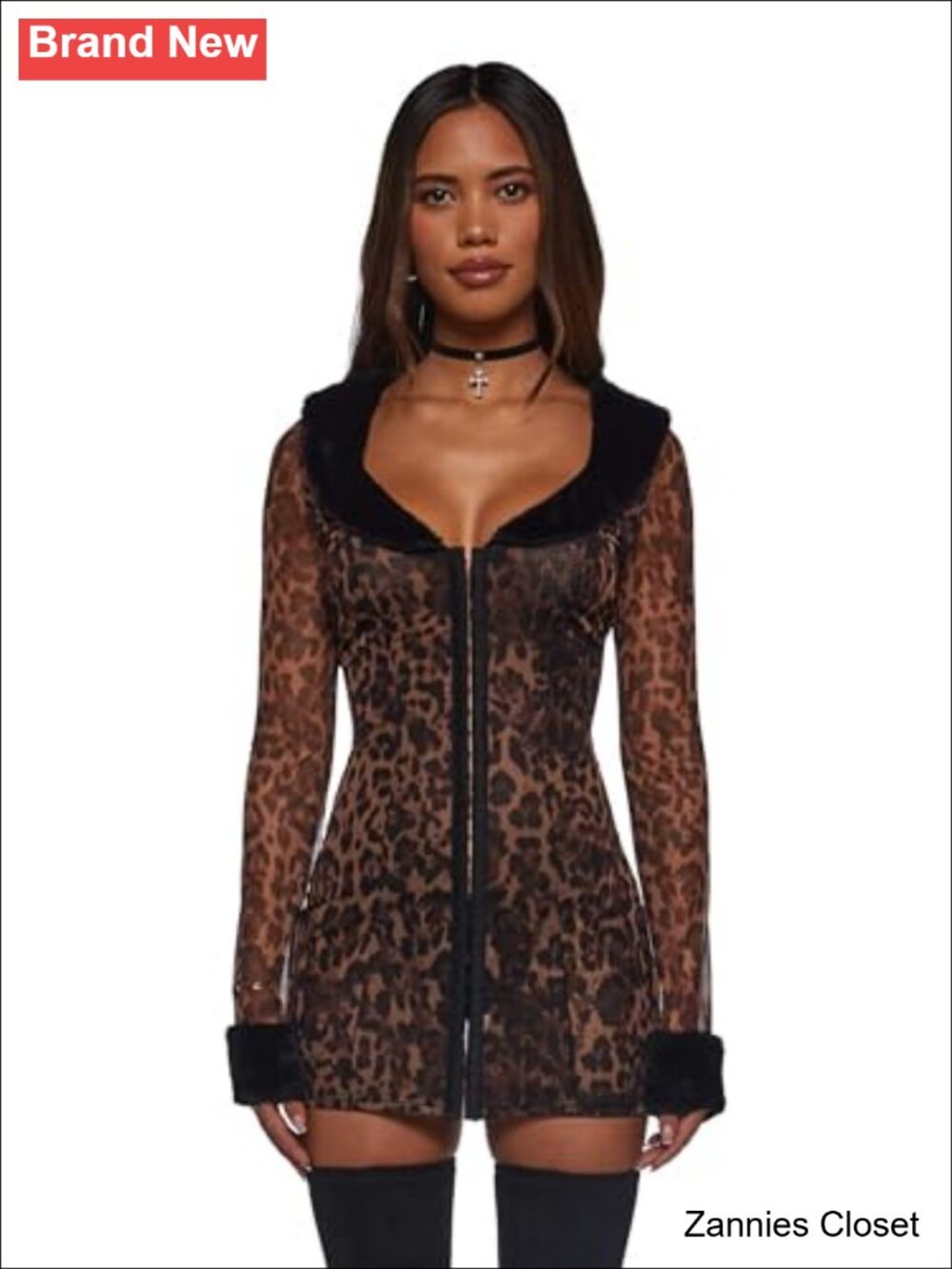 👻 Dolls Kill Nine Lives Midi Dress Faux Fur Collar Long Sleeve Leopard Print